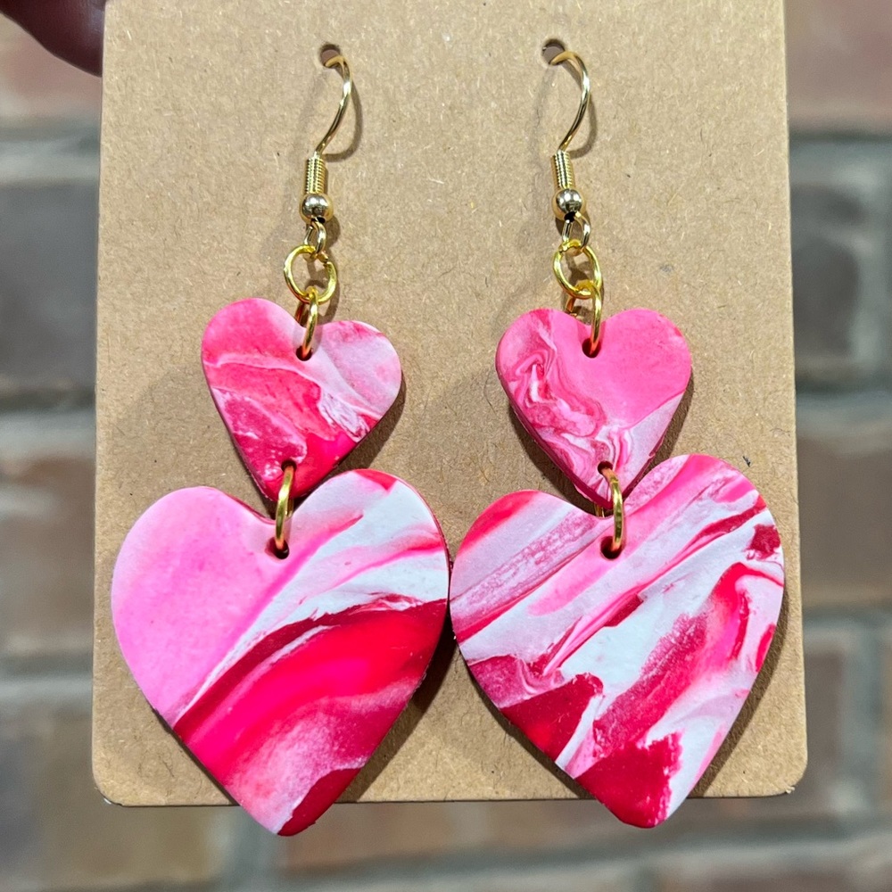 📍SOLD📍 Marbled Valentine Handmade Polymer Clay Heart Dangle Earrings